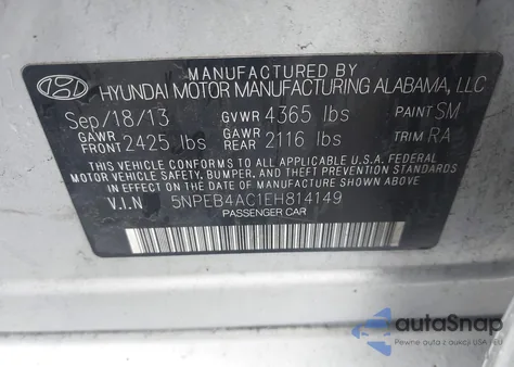 2014 Hyundai Sonata Gls z USA, uszkodzony, nr VIN 5NPEB4AC1EH814149